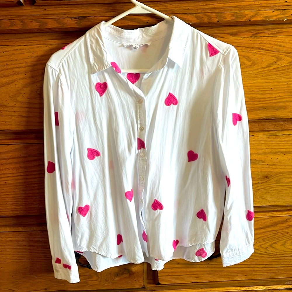 Jane and Delancey white collar button down shirt with embroidered pink hearts.